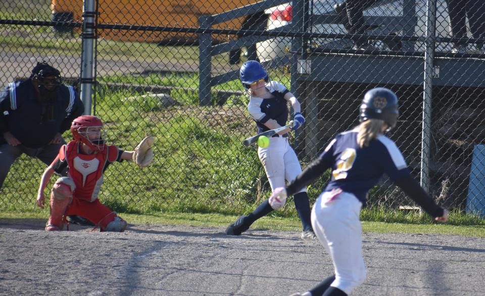 Notre Dame's Erin Trinkaus connects with a pitch during the team's 11-8 win over Beekmantown Saturday, April 30, 2022.