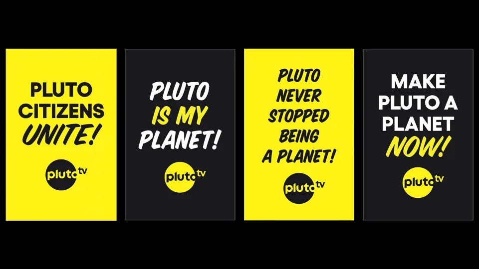 Pluto planet picket signs from Pluto TV.