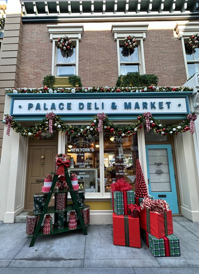 Large presents as decor outside a market