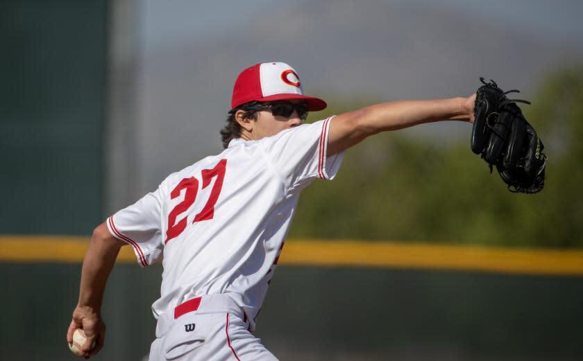 Corona, CA - May 12: Corona starting pitcher Ethan Schiefelbein delivers a pitch against Notre Dame (SO) during the Southern Section Division 1 quarterfinal game at Corona High School in Corona Friday, May 12, 2023. (Allen J. Schaben / Los Angeles Times)