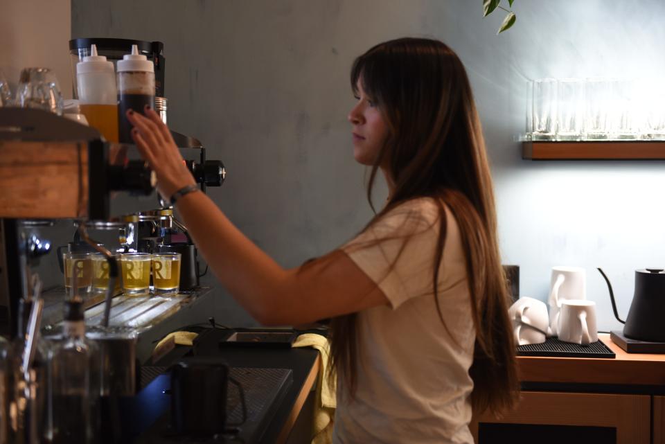 Afton Iliff pours espresso at Duluth Coffee Company in Duluth, Minnesota on January 25, 2024.