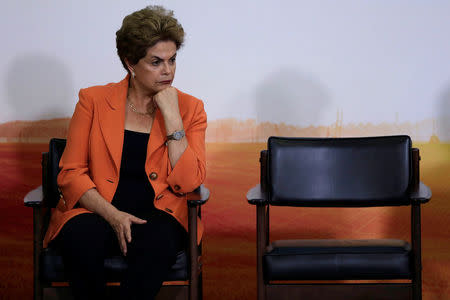 Brazil's President Dilma Rousseff reacts during a launch ceremony of Agricultural and Livestock Plan for 2016/2017, at the Planalto Palace in Brasilia, Brazil May 4, 2016. REUTERS/Ueslei Marcelino