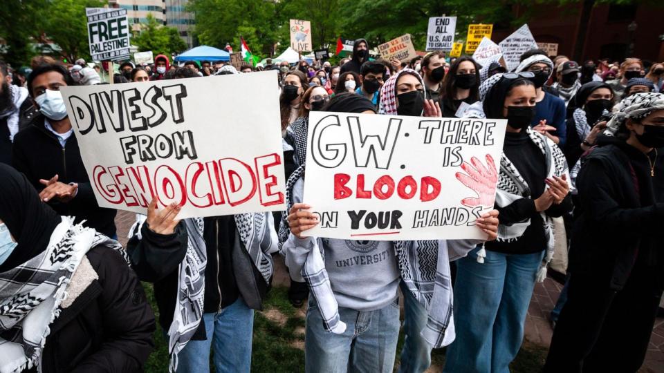 PHOTO: Thousands of people rally at an encampment for Palestine set up by George Washington University students in conjunction with other DC-area universities, in Washington, D.C., on April 25, 2024.  (Allison Bailey/NurPhoto via Shutterstock)