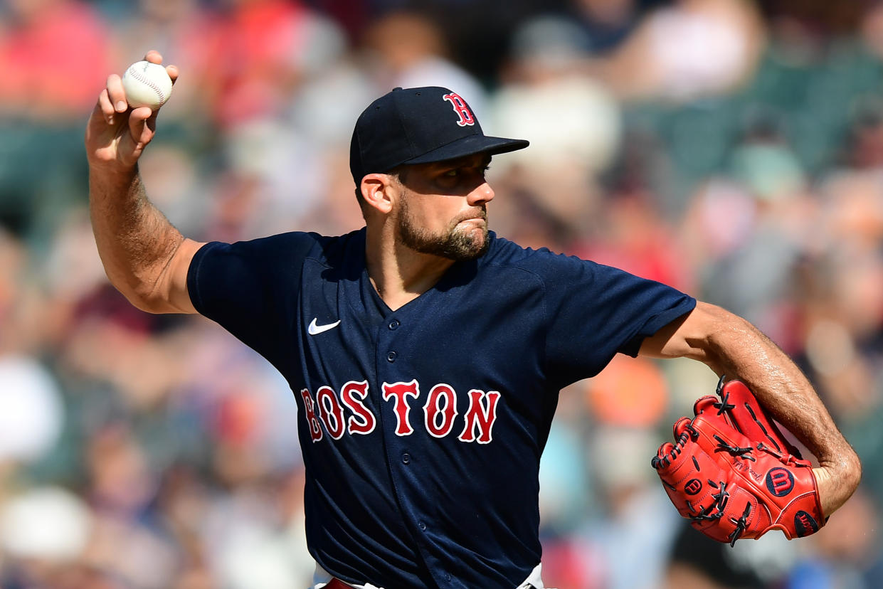 CLEVELAND, OHIO - AUGUST 28: Nathan Eovaldi #17 of the Boston Red Sox pitches in the first inning during their game against the Cleveland Indians at Progressive Field on August 28, 2021 in Cleveland, Ohio. (Photo by Emilee Chinn/Getty Images)