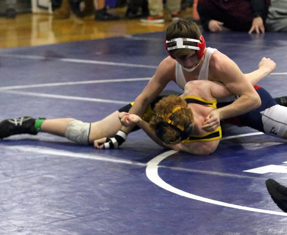 Chenango Forks' Tyler Ferrara, top, was Most Outstanding Wrestler for the boys after beating Windsor's Tim Boyce in the 132-pound final at the Southern Tier Athletic Conference Wrestling Tournament on Jan. 21, 2023 at Owego Free Academy.