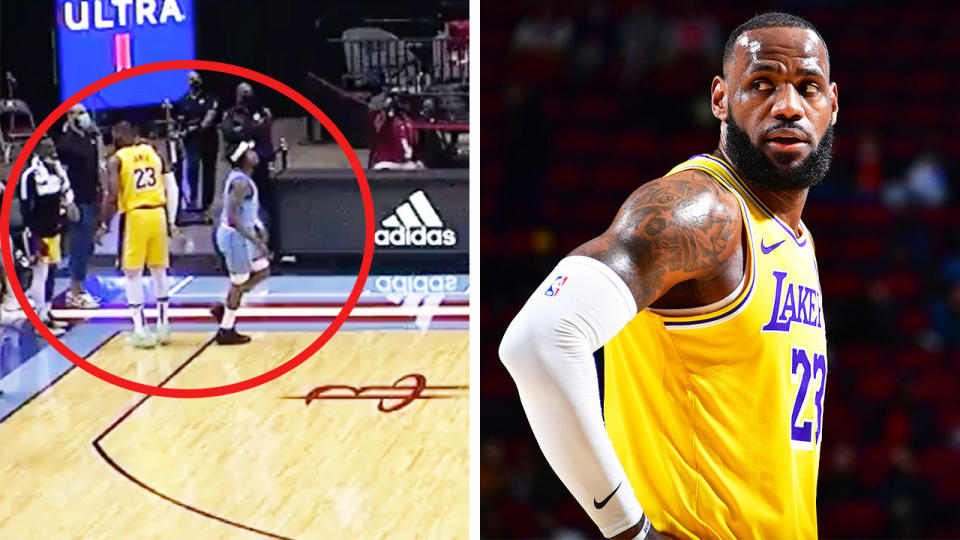 LeBron James (pictured right) during an NBA game and (pictured left) after a no-look three-pointer (pictured left).
