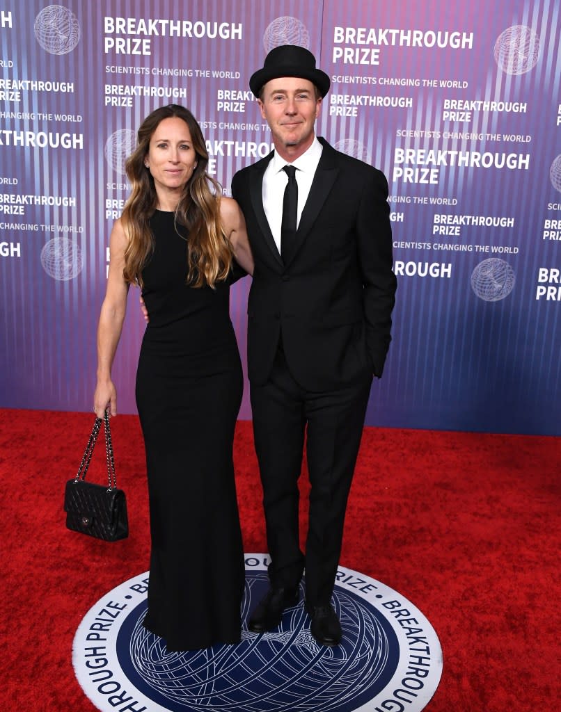 LOS ANGELES, CALIFORNIA - APRIL 13: Shauna Robertson, Edward Norton arrives at the 10th Annual Breakthrough Prize Ceremony at Academy Museum of Motion Pictures on April 13, 2024 in Los Angeles, California.