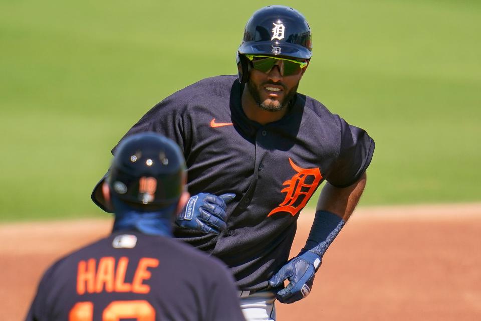 Detroit Tigers' Willi Castro rounds third base after hitting a solo home run off Pittsburgh Pirates pitcher Sean Poppen during the third inning of a spring training baseball game in Bradenton, Fla., Tuesday, March 2, 2021.