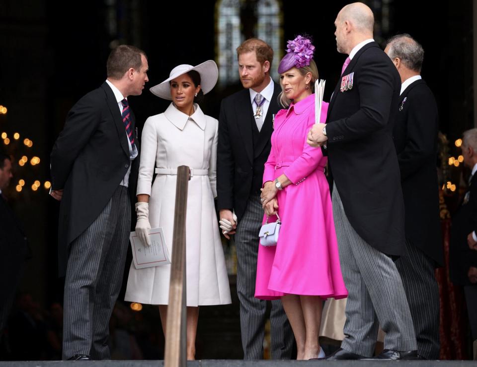 Peter Phillips, Meghan, Duchess of Sussex, Prince Harry, Duke of Sussex, Zara Tindall and her husband Mike Tindall depart after the National Service of Thanksgiving