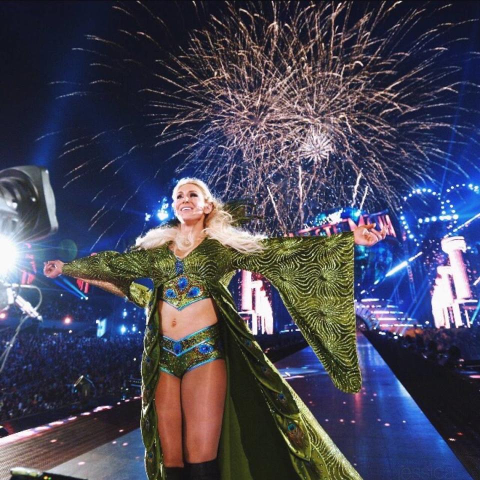 The Queen Charlotte Flair making a grand entrance at WrestleMania 33.