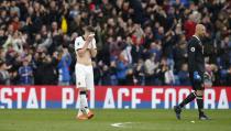 <p>Watford’s Craig Cathcart looks dejected after the game </p>