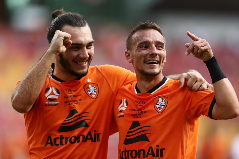 BRISBANE, AUSTRALIA - APRIL 25: Eric Bautheac and Nicholas D'Agostino of Roar celebrate a goal during the round 27 A-League match between the Brisbane Roar and Adelaide United at Suncorp Stadium on April 25, 2019 in Brisbane, Australia. (Photo by Chris Hyde/Getty Images)