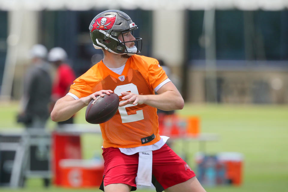 TAMPA, FL - MAY 15: Bucs 2nd round pick Kyle Trask (2) throws a pass during the Tampa Bay Buccaneers Rookie Minicamp on May 15, 2021 at the AdventHealth Training Center at One Buccaneer Place in Tampa, Florida. (Photo by Cliff Welch/Icon Sportswire via Getty Images)