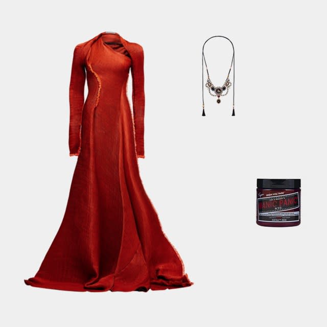 Maticevski The Realm Gown, $3,090, <a rel="nofollow noopener" href="http://rstyle.me/n/cp97i9cbu4p" target="_blank" data-ylk="slk:modaoperandi.com;elm:context_link;itc:0;sec:content-canvas" class="link ">modaoperandi.com</a>; Gucci velvet necklace with glass pearls, $1,670, <a rel="nofollow noopener" href="http://rstyle.me/n/cp97sjcbu4p" target="_blank" data-ylk="slk:gucci.com;elm:context_link;itc:0;sec:content-canvas" class="link ">gucci.com</a>; Manic Panic Infra Red High Voltage Classic Cream Formula Hair Color, $14, <a rel="nofollow noopener" href="https://www.manicpanic.com/infra-red-classic-high-voltage-cream-formula-hair-color" target="_blank" data-ylk="slk:manicpanic.com;elm:context_link;itc:0;sec:content-canvas" class="link ">manicpanic.com</a>
