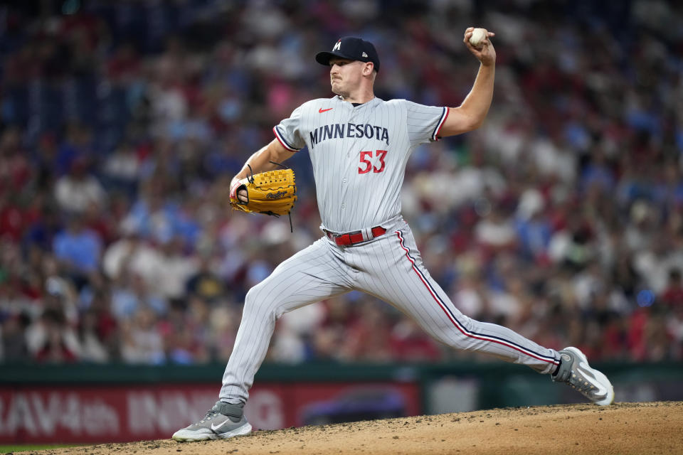 Minnesota Twins' Brent Headrick pitches during the fourth inning of a baseball game against the Philadelphia Phillies, Friday, Aug. 11, 2023, in Philadelphia. (AP Photo/Matt Slocum)