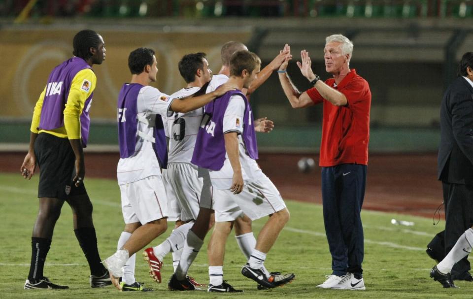 Coach Thomas Rongen congratulates the U.S. team after its 4-1 win over Cameroon during the U-20 World Cup in 2009.