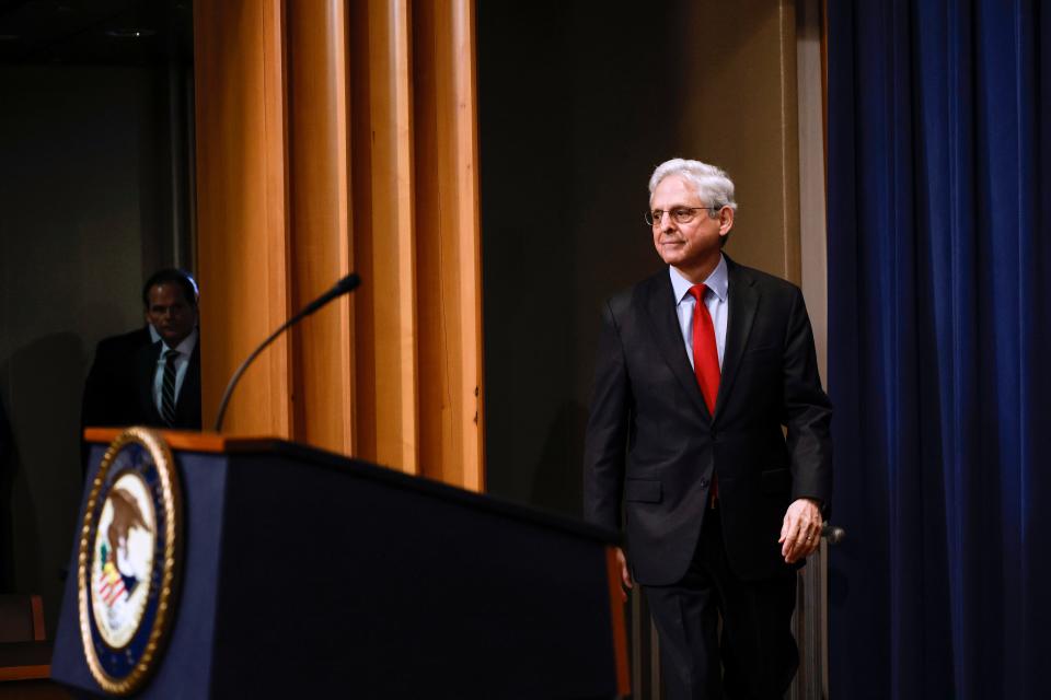 Attorney General Merrick Garland arrives at a news conference at the U.S. Department of Justice on May 2, 2023 in Washington, DC. Garland updated reporters on the department's investigative operation targeting fentanyl and opioid traffickers on the Darknet.