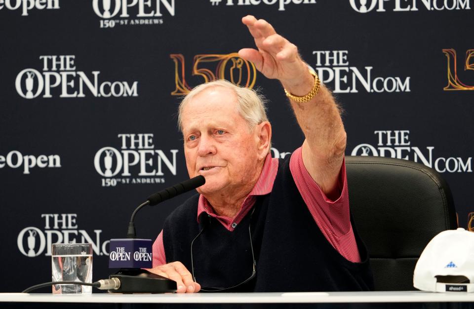 Jul 11, 2022; St. Andrews, SCT; Three-time Open champion Jack Nicklaus during a press conference at the 150th Open Championship golf tournament at St. Andrews Old Course. Jack Nicklaus will join Americans Bobby Jones in 1958 and Benjamin Franklin in 1759 to be awarded honorary citizenship in St. Andrews.