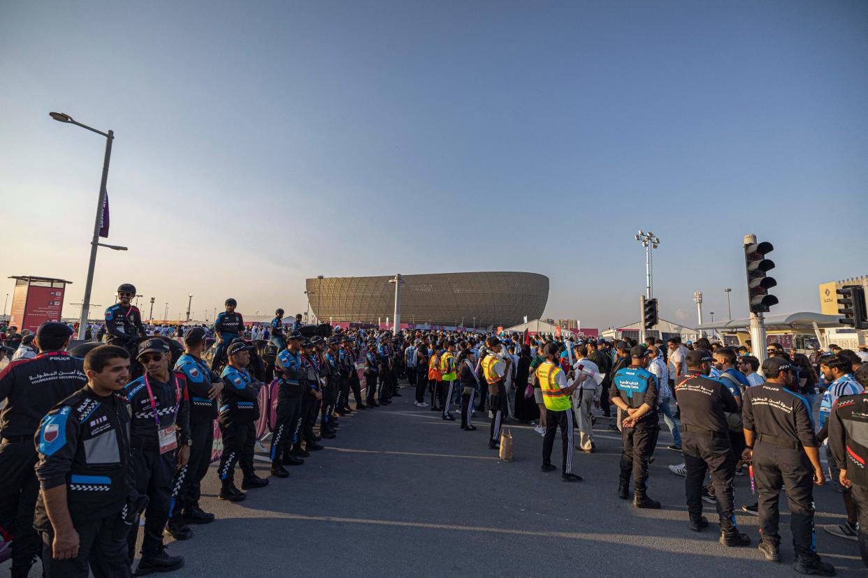 Police officers provide security outside the Lusail Stadium at the end of the Qatar 2022 World Cup Group C football match between Argentina and Saudi Arabia at the Lusail Stadium in Lusail, north of Doha on November 22, 2022. (Photo by Khaled DESOUKI / AFP) (Photo by KHALED DESOUKI/AFP via Getty Images)