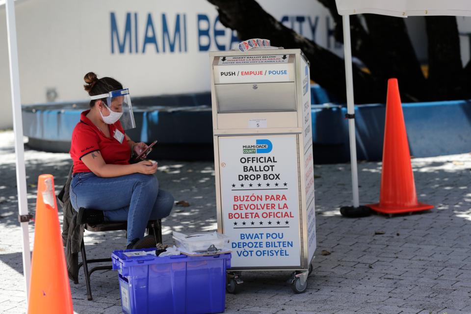 In this Aug. 7, 2020, photo, a poll worker wears a protective shield and mask as she monitors a ballot drop box outside of a polling station in Miami Beach, Fla. Getting people to staff polling places amid the pandemic was a challenge in many states.