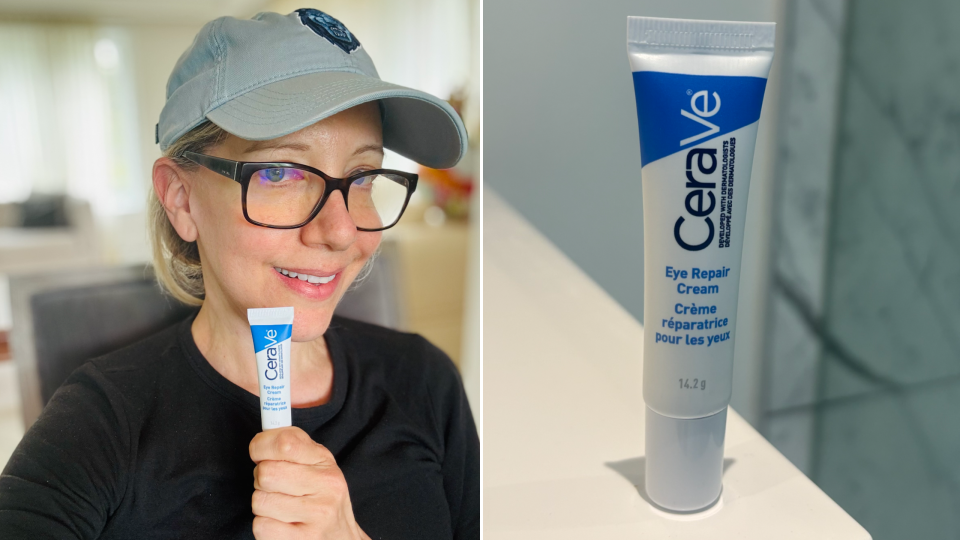 blonde woman in baseball cap and glasses holding CeraVe EYE CREAM with Hyaluronic Acid for Under Eye Dark circles & Puffiness, Ophthalmologist Tested for Sensitive Eye Area, Fragrance Free, 14.2 Grams, CeraVe Eye Repair Cream review (Photos via Sarah DiMuro)