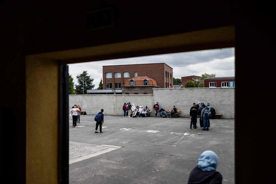 PHOTO: Teenagers play during a break at the Averroes high school in Lille, northern France on Sept. 28, 2023.  (Sameer Al-doumy/AFP via Getty Images)