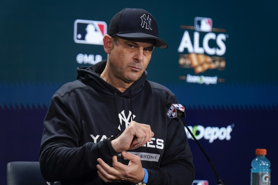 New York Yankees manager Aaron Boone speaks to reporters before a Game 4 of an American League Championship baseball series at Yankee Stadium, Sunday, Oct. 23, 2022, in New York. (AP Photo/Seth Wenig)
