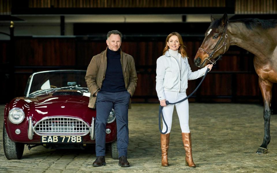Christian and Geri Horner pose with a sports car and a horse - The Telegraph/Julian Broad
