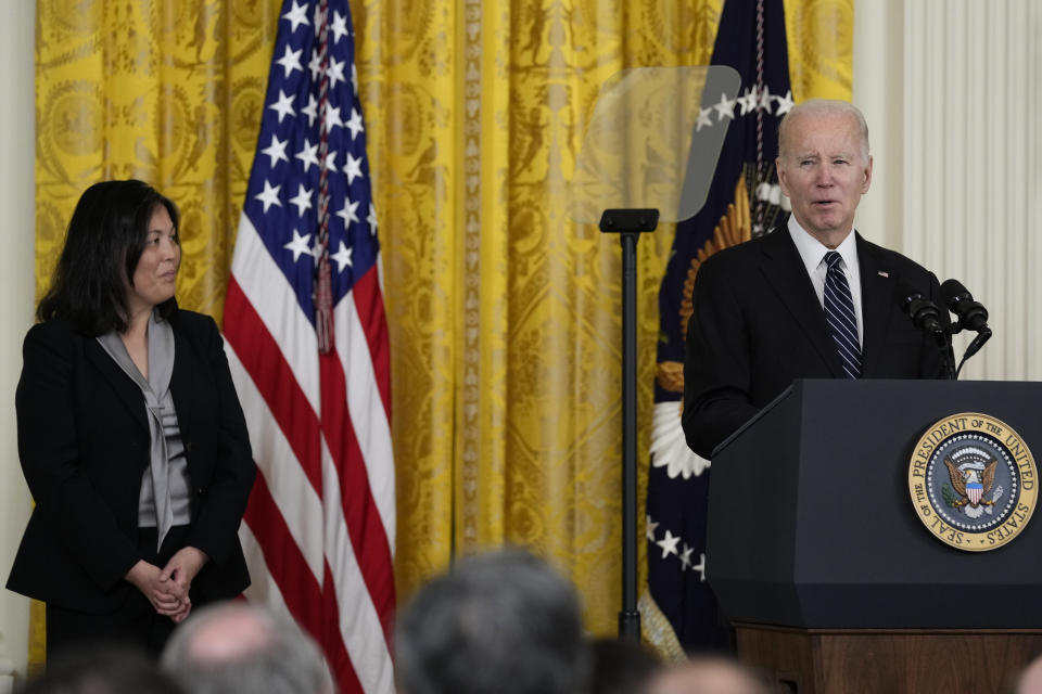 President Joe Biden talks about his nomination of Julie Su to serve as the Secretary of Labor during an event in the East Room of the White House in Washington, Wednesday, March 1, 2023. (AP Photo/Susan Walsh)