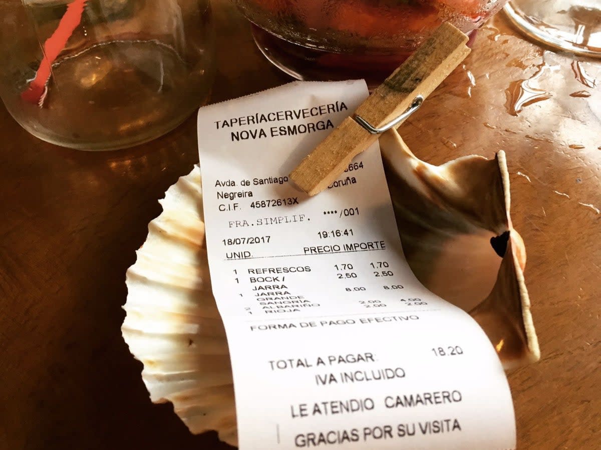 Shelling out: a bill at a (very good) bar on the Camino from Santiago to Finisterre in Spain (Charlotte Hindle)