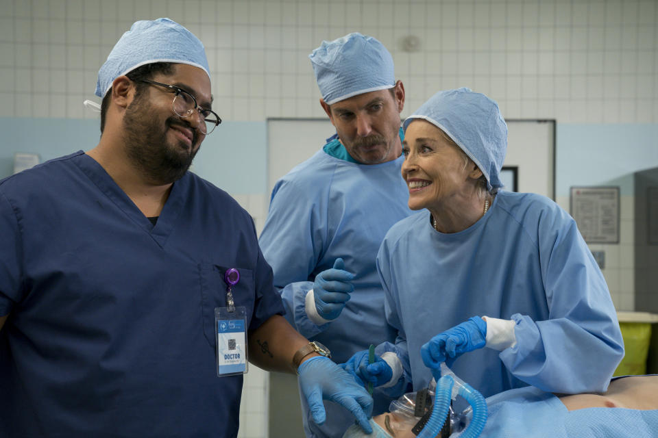 (L to R) Josh Banday as Dr. Will Gonzalez, Will Arnett as Terry Seattle, Sharon Stone in Murderville. (Lara Solanki/Netflix)                