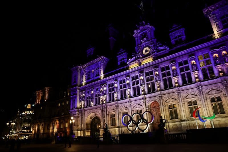 Paris City Hall lights up in the colours of the Ukraine flag