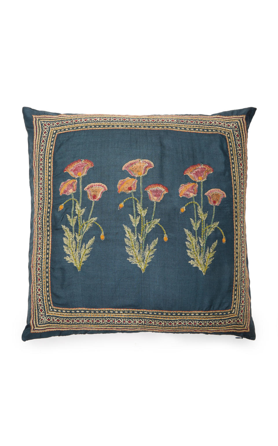 1) Poppy-Embroidered Silk Pillow