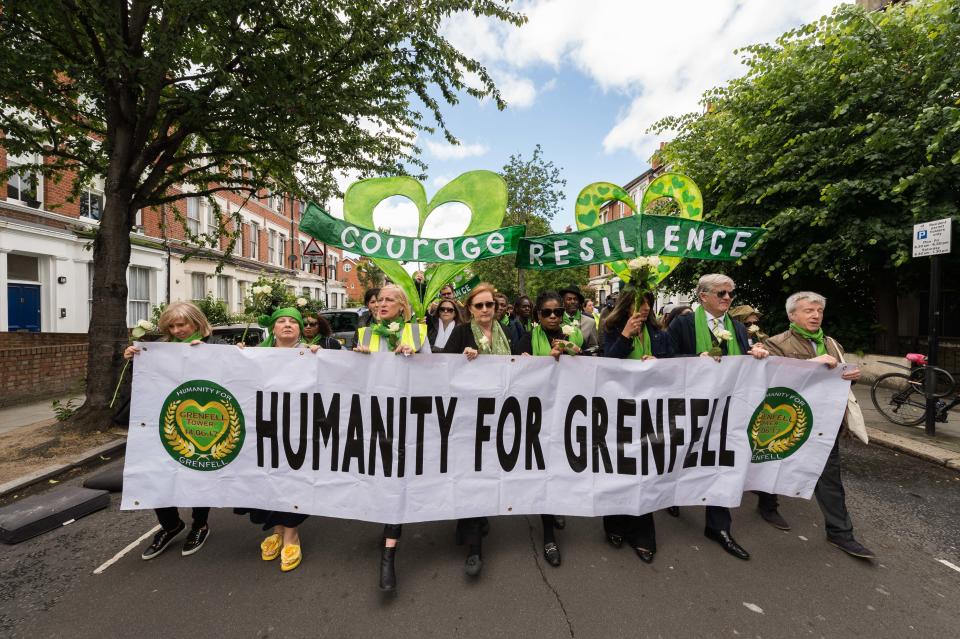 LONDON, UNITED KINGDOM - JUNE 14: Emma Dent Coad MP (CL) together with survivors, bereaved families, members of the public and community leaders march from St. Helen's Church in North Kensington to the base of the Grenfell Tower during the 'Humanity for Grenfell' commemorations on 14 June, 2019 in London. Participants mark the second anniversary of the Grenfell Tower fire, which took the lives of 72 people two years ago. (Photo credit should read Wiktor Szymanowicz/Future Publishing via Getty Images)