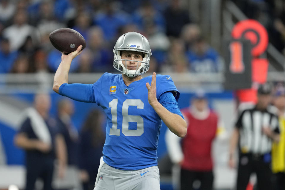 Detroit Lions quarterback Jared Goff throws during the first half of an NFL football game against the Chicago Bears, Sunday, Jan. 1, 2023, in Detroit. (AP Photo/Paul Sancya)