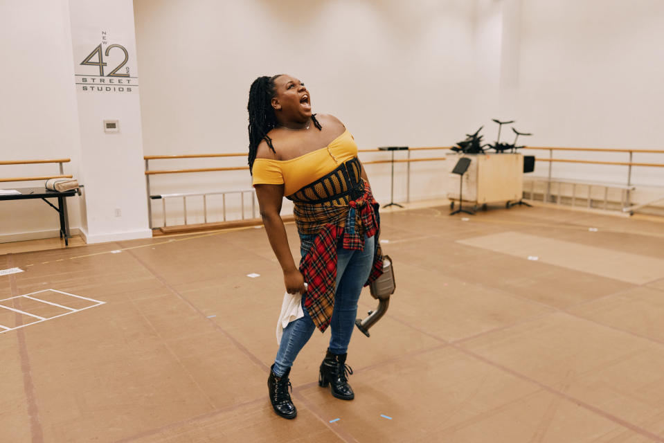 Alex Newell belts during rehearsal for 'Shucked' at a studio space in midtown Manhattan.<span class="copyright">'Shucked'—Emilio Madrid</span>