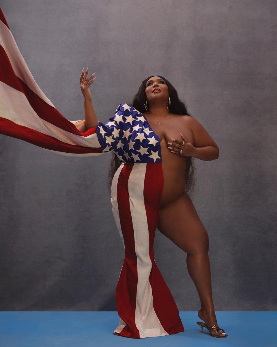 Lizzo nude with an American flag around her