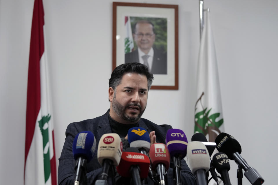 Minister of Economy and Trade Amin Salam, speaks during a press conference in Beirut, Lebanon, Friday, Feb. 25, 2022. Salam said the small crisis-hit country which imports most of its wheat from Ukraine has one month's wheat reserves at most. (AP Photo/Bilal Hussein)