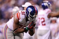 Justin Tuck, grand artisan du succès des New York Giants, célèbre un sack sur son adversaire.