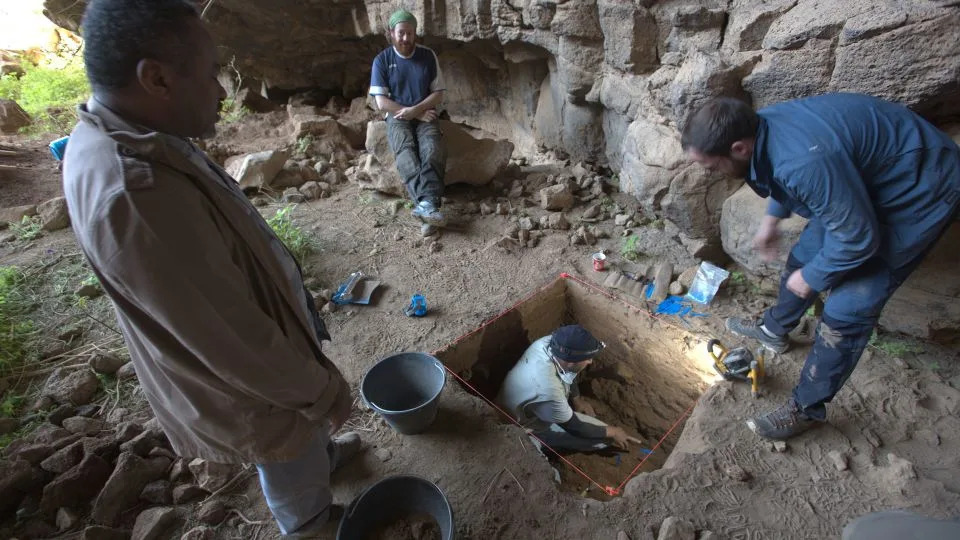 The research team is seen during an excavation at Umm Jirsan. The archaeologists uncovered human remains, animal bones, carved wood and stone tools at the site. - Green Arabia Project