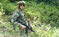 Un soldado del Ejército Nacional vigila durante una operación para erradicar plantas de hoja de coca en zona rural del municipio de Tarazá, en el departamento de Antioquia