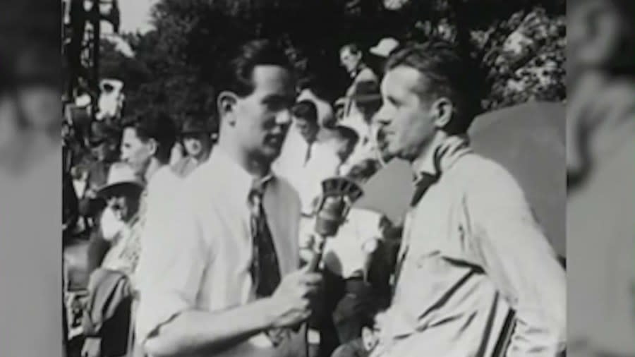 KTLA's Stan Chambers reports live from the scene of Kathy Fiscus' attempted rescue in San Marino, California in April 1949. (KTLA)