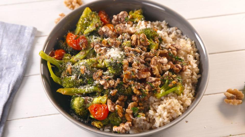 <p>These <a href="https://www.delish.com/cooking/g42229861/grain-bowl-recipes/" rel="nofollow noopener" target="_blank" data-ylk="slk:grain bowls;elm:context_link;itc:0;sec:content-canvas" class="link ">grain bowls</a> might <em>seem</em> simple, but thanks to a smashed walnut vinaigrette, they're anything but. Once you learn to make <a href="https://www.delish.com/cooking/g40189579/salad-dressing-recipes/" rel="nofollow noopener" target="_blank" data-ylk="slk:salad dressing;elm:context_link;itc:0;sec:content-canvas" class="link ">salad dressing</a> like this, you might never go back! </p><p>Get the <strong><a href="https://www.delish.com/cooking/recipe-ideas/a29566527/broccoli-walnut-balsamic-bowls-recipe/" rel="nofollow noopener" target="_blank" data-ylk="slk:Broccoli Walnut Balsamic Bowls recipe;elm:context_link;itc:0;sec:content-canvas" class="link ">Broccoli Walnut Balsamic Bowls recipe</a></strong>.</p>