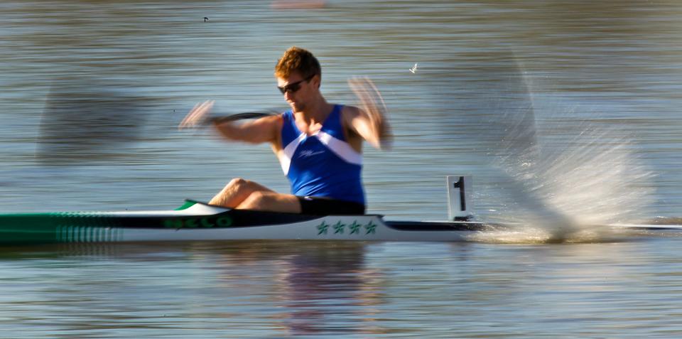 A competitor warms up Oct. 1, 2011, before competing in the men's open 200m kayak race during the Oklahoma Regatta Festival at the Oklahoma River in Oklahoma City.