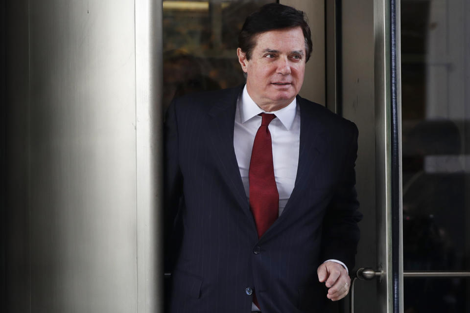 FILE - In this Nov. 6, 2017, file photo, Paul Manafort, President Donald Trump's former campaign chairman, leaves the federal courthouse in Washington. (AP Photo/Jacquelyn Martin, File)