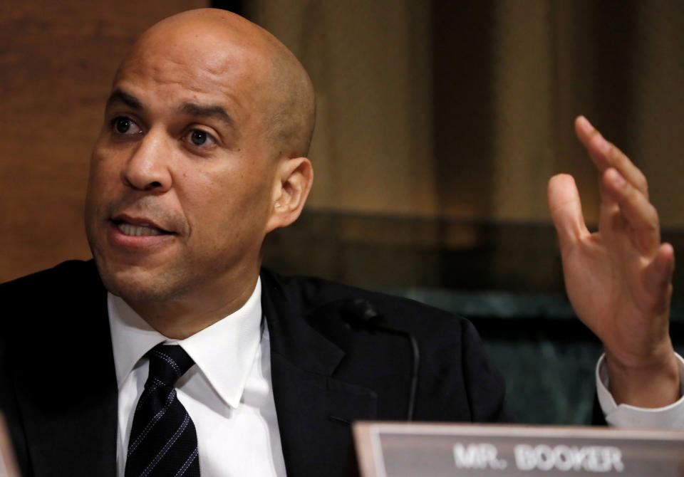 FILE PHOTO: U.S. Senator Cory Booker (D-NJ) speaks as members of the Senate Judiciary Committee meet to vote on the nomination of judge Brett Kavanaugh to be a U.S. Supreme Court associate justice on Capitol Hill in Washington, U.S., September 28, 2018. REUTERS/Jim Bourg