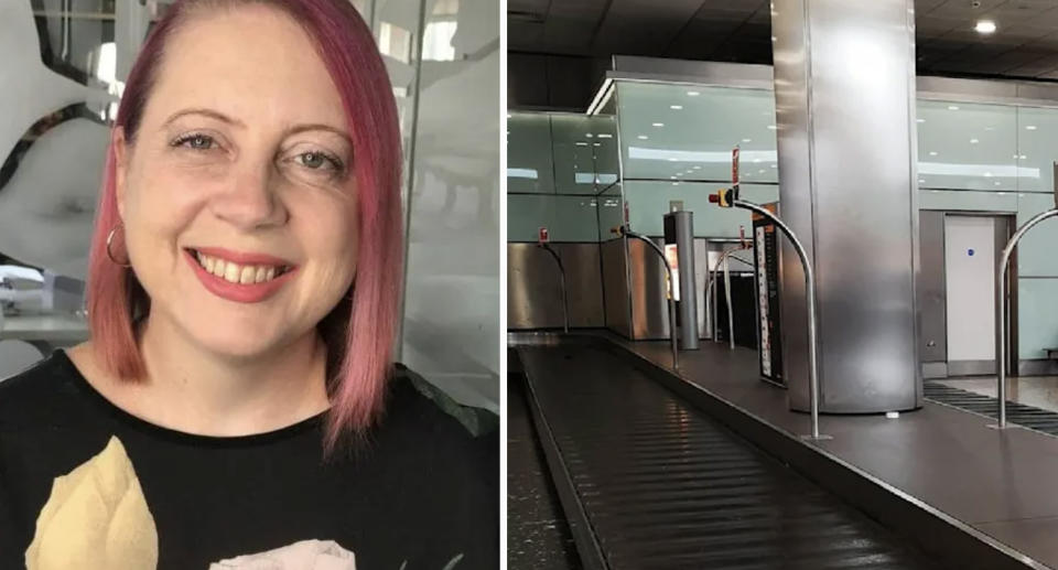 Annabelle Daniel (left) and empty airport conveyor belt (right)