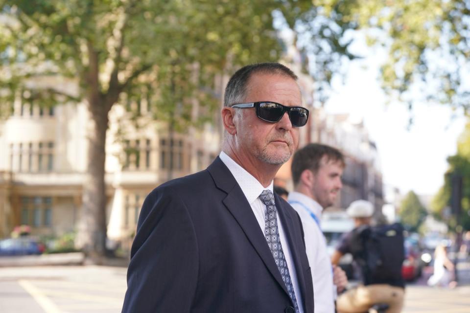 Trevor Lewton, one of six Metropolitan Police officers, leaving Westminster Magistrates’ Court in central London, after pleading guilty to charges of sending grossly offensive racist messages. (Lucy North/PA Wire)