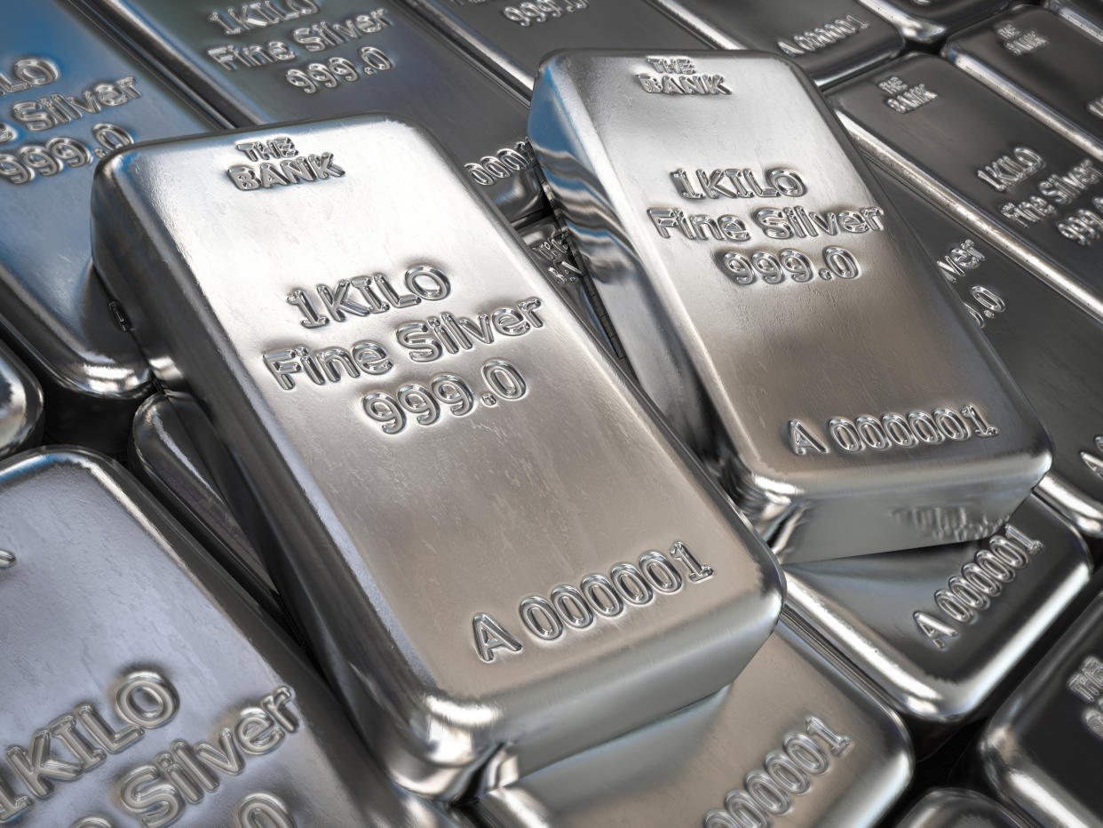 Silver bars or ingots background. Precious metal. 3d illustration