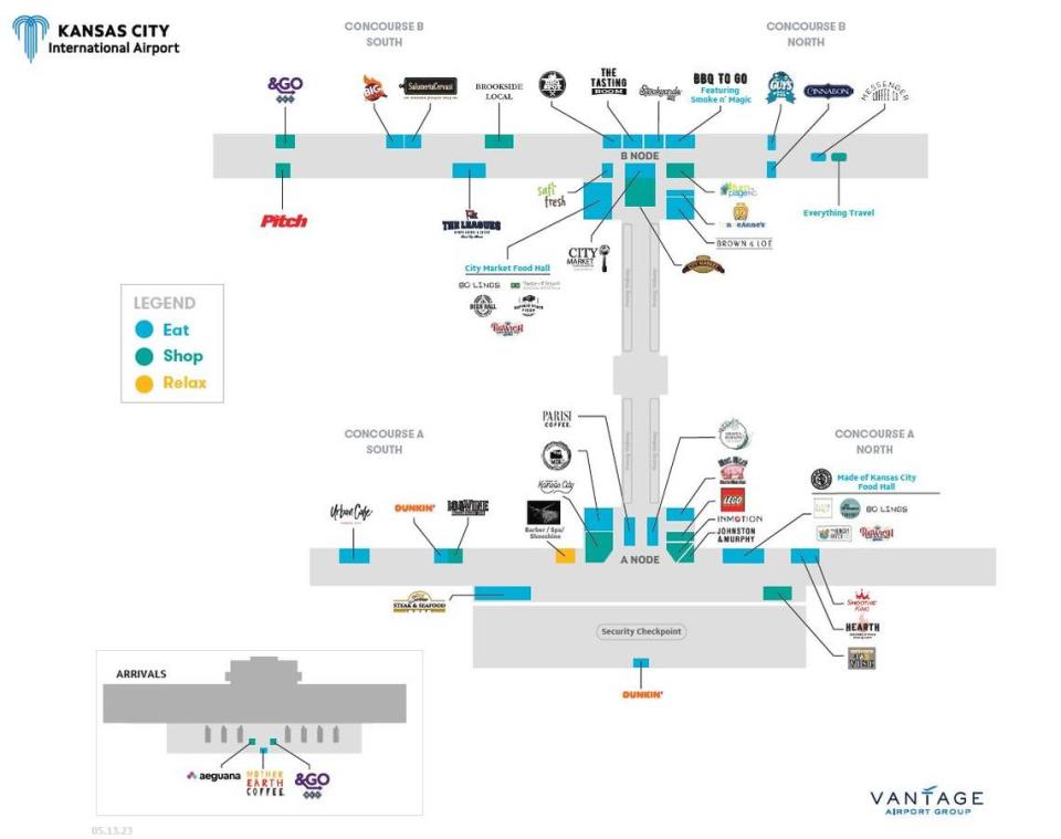 A map of eateries inside the terminal at Kansas City International Airport. The Made in Kansas City Food Hall is in Concourse A North. Kansas City Aviation Department
